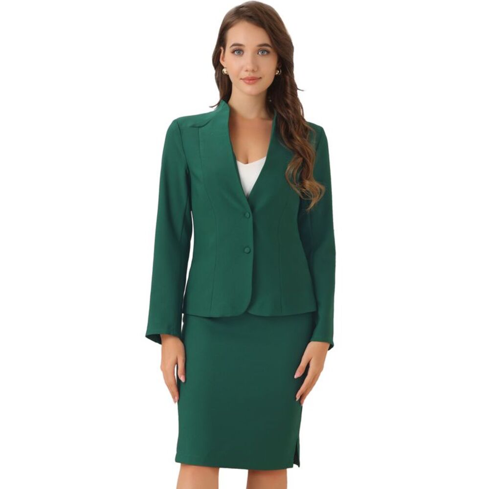 2pcs Business Sets for Collarless Blazer Pencil Skirt Suit Green